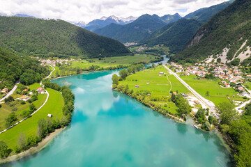 Wall Mural - Aerial drone view of Most na Soci town in Slovenia and Soca river