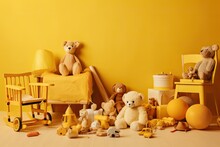Toy Filled Children's Room On A Yellow Background. Generative AI