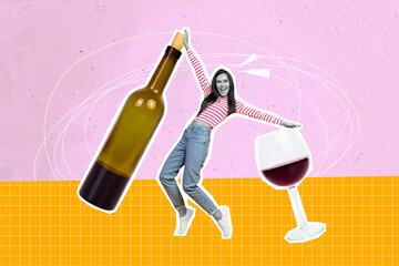 Sticker - Collage image of carefree positive mini black white effect girl dancing huge wine bottle glass isolated on painted pink background