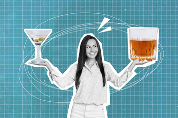 Wall Mural - Collage picture of cheerful black white colors girl arms hold compare big martini whiskey glass isolated on checkered drawing blue background