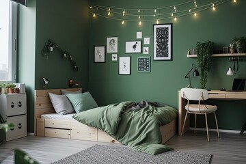 Wall Mural - Stylish teen bedroom with a large bed and mock up posters on the green wall. Generative AI