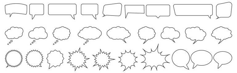 speech bubbles thin outline icons set. talk or chat message balloon and communication elements colle