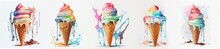 Generative AI, Set Of 5 Ice Cream Cone Watercolor With Colorful Splashes
