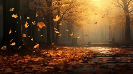 Autumn forest maple leaves fall on ground, background wallpaper,  Generative Ai