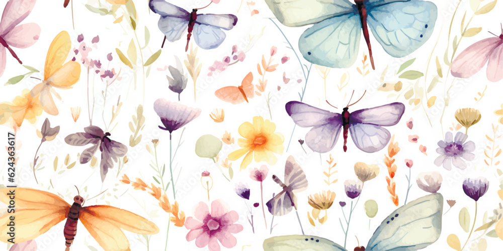 Floral seamless pattern with abstract butterflies and dragonflies ...