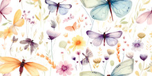 Floral Seamless Pattern With Abstract Butterflies And Dragonflies, Colorful Watercolor Illustration Isolated On White Background, Wildlife Print For Textile Or Wallpapers, Colored Summer Pattern