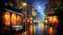 Painting Style Illustration, Beautiful Restaurant Un Urban Street Side In After Raining Atmosphere, Generative Ai