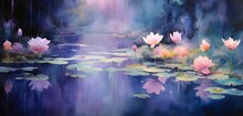 Watercolor Style Illustration, Lotus Pond In Misty Dreamy Atmosphere, Generative Ai