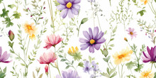 Floral Seamless Pattern With Colorful Flowers Cosmos, Coreopsis, Bells, Lavender And Green Leaves On Branches. Delicate Watercolor Illustration On White Background For Textile Or Wallpapers