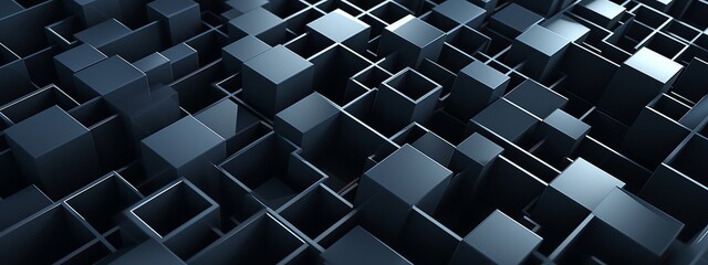 Poster - Abstract geometric metallic silver 3d texture wall with squares and square cubes background banner illustration with glowing lights, textured metal wallpaper (Generative Ai)
