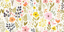 Floral Seamless Pattern With Flowers And Butterflies. Flowers Meadow. Vector Illustration In Vintage Style