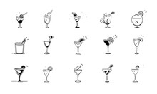 Drink And Alcohol Icon Set Vector. Collection Of Hand Drawn Alcoholic Cocktails. Sketch Elements. Set Of Line Art Illustrations Of Glasses For Alcoholic Beverages.