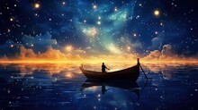 Art Illustration, A Man In Boat Under Galaxy Sky, Generative Ai