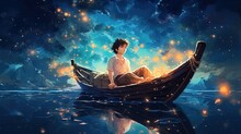  A Boy Sitting In Row Boat At Middle Of Lake At Night Time, Generative Ai
