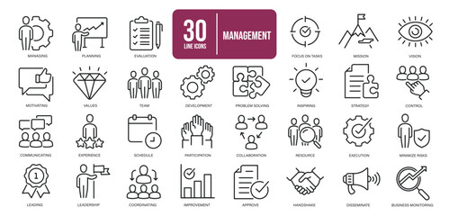 Management simple minimal thin line icons. Related business, achievement, planning, success, solution. Editable stroke. Vector illustration. 