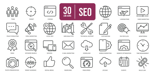 SEO simple minimal thin line icons. Related keyword, service, optimization, monitoring. Editable stroke. Vector illustration. 