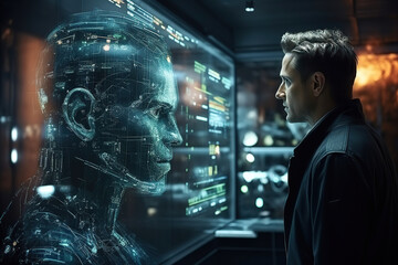 Wall Mural - businessman show virtual graphic global internet connect chat with ai, artificial intelligence. futu