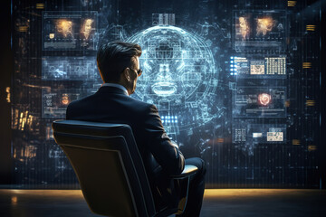 Wall Mural - businessman show virtual graphic global internet connect chat with ai, artificial intelligence. futu