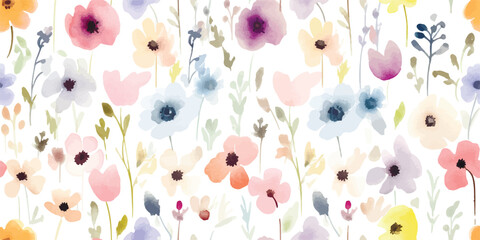 Wall Mural - Seamless watercolor floral pattern, background of simple abstract flowers, illustration for textile, wallpapers or wrapping paper