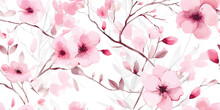 Spring Seamless Pattern With Abstract Blossom Tree With Delicate Pink Flowers And Buds, Watercolor Illustration Isolated On White Background, Floral Print For Fabric, Wallpapers Or Wrapping Paper.