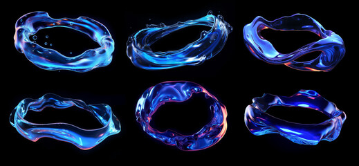 Wall Mural - levitating wavy water flow rotating around. bold reflective liquid circle shape set isolated. abstra