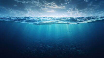 dark blue water of a deep ocean with sun rays reaching the rocky seabed. beautiful underwater landsc