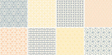 Collection Of Seamless Ornamental Vector Patterns. Color Simple Oriental Symmetry Backgrounds. Geometric Tile Mosaic Design. Grid Textures - Decorative Outline Prints