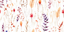Watercolor Abstract Wildflowers, Tender Fleurs S Ch Es, Seamless Floral Pattern With Colorful Plants. Illustration On White Background In Vintage Style