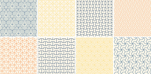 Collection of seamless ornamental vector patterns. Color simple oriental symmetry backgrounds. Geometric tile mosaic design. Grid textures - decorative outline prints