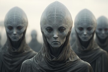 Group of egg-headed aliens, ufo creepy humanoid looking at the camera outdoors. Scifi illustration
