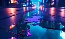 Wet Asphalt With City Evening Background Neon Lighting, Reflecting City Lights In A Puddle