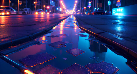 Wall Mural - Wet asphalt with city evening background neon lighting, reflecting city lights in a puddle