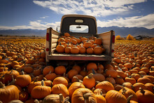Old Vintage Truck In A Field Covered With Pumpkins, Pumpkins Harvest In Autumn, Fall And Halloween Illustration