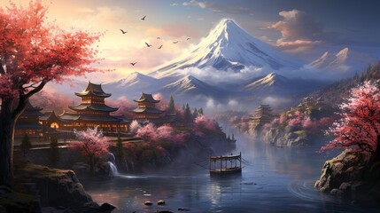 Wall Mural - beautiful japanese scenery mountain illustration background