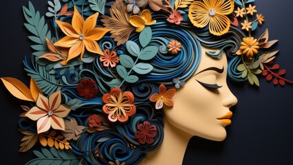 Wall Mural - A close up of a woman's face with paper flowers in her hair. Generative AI.