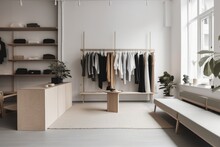 modern and minimalist store with ethical fashion brands in the background, created with generative ai