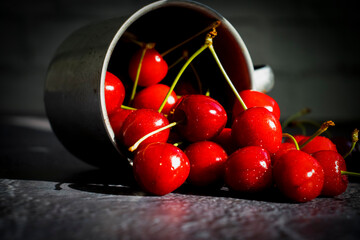Wall Mural - Fresh cherries on old background