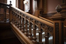 detailed view of a staircase with intricate handrails and banisters, created with generative ai