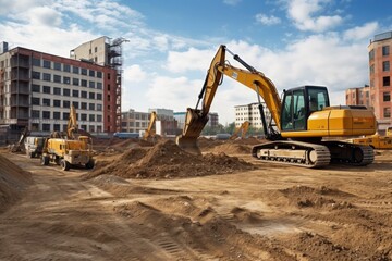 Wall Mural - construction site with backhoe, bulldozer and crane in the background, created with generative ai