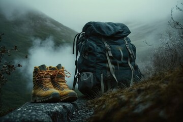 Canvas Print - foggy mountain hike with close-up of hiking boots and backpack, created with generative ai