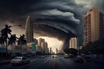 Wall Mural - tropical cyclone bringing rain and storm clouds to bustling cityscape, created with generative ai