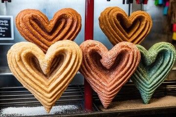 Wall Mural - display of heart-shaped churros, each one dusted with different flavor and color, created with generative ai