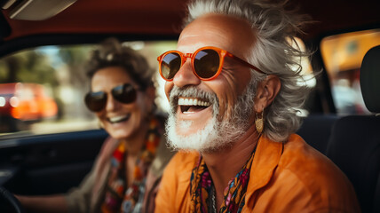 man and woman happy senior couple travel drive car on summer vacation