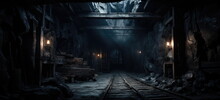 Exploring An Old Abandoned Coal Or Mineral Mine. Dark And Dim Shaft. Old Trolley Tracks. Hand Edited Generative AI.