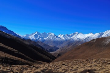 Poster - majestic mountain range, with snow-capped peaks and clear blue skies, created with generative ai