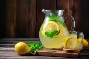 Wall Mural - refreshing summer lemonade in vintage glass pitcher on rustic wooden table, created with generative ai