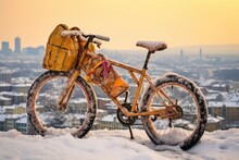 Bicycle Covered In Snow With A Snowy Cityscape In The Background, Created With Generative Ai