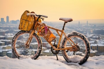 Canvas Print - bicycle covered in snow with a snowy cityscape in the background, created with generative ai