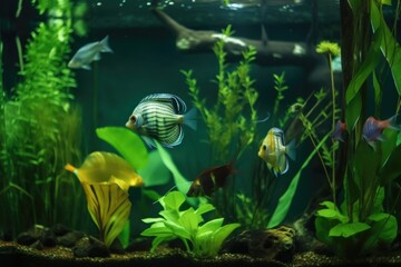 Poster - tropical fish swimming in serene aquarium, with view of underwater plant life, created with generative ai