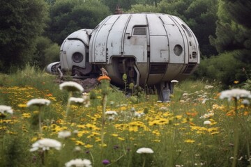 Wall Mural - overgrown spacecraft nestled in a field of wildflowers, created with generative ai